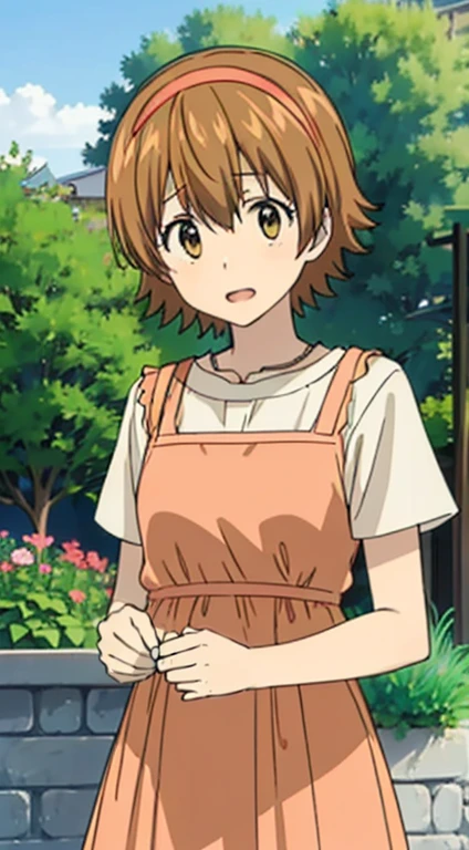 kyoko1, 1girl, short hair, brown hair, pink striped dress, brown eyes, Masterpece, look at the views,Masterpece, ((masterpiece: 1.2)), smling, garden, outdoors, head band, shose, longe sleves,