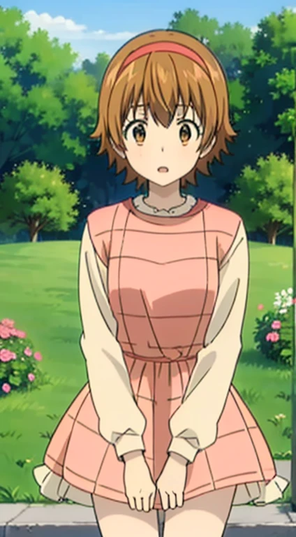 kyoko1, 1girl, short hair, brown hair, pink striped dress, brown eyes, Masterpece, look at the views,Masterpece, ((masterpiece: 1.2)), smling, garden, outdoors, head band, shose, longe sleves,