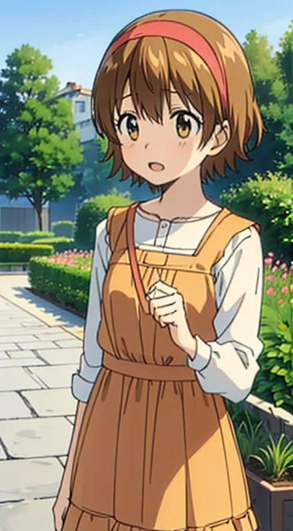 kyoko1, 1girl, short hair, brown hair, pink striped dress, brown eyes, Masterpece, look at the views,Masterpece, ((masterpiece: 1.2)), smling, garden, outdoors, head band, shose, longe sleves,