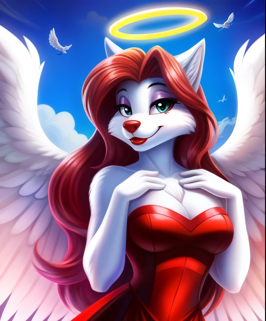 Female anthro husky as an guardian angel, long hair, halo, white soft feathered wings, red lipstick, white and gold long gloves, red heart shaped strapless dress, rubbing her chest with her hands, looking at you, pink Heaven clouds in the background, tiny toons style