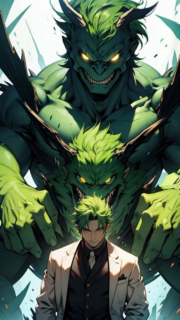 Green haired man facing a monster