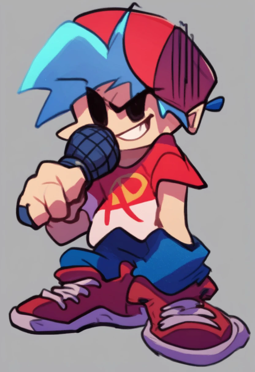 boyfriend_fnf, solo, simple background, shirt, 1boy, hat, holding, blue hair, full body, male focus, shoes, pants, red footwear, sneakers, microphone, holding microphone, black eyes, smile