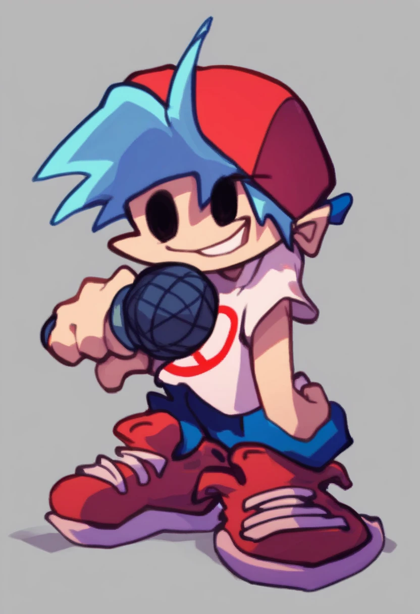 boyfriend_fnf, solo, simple background, shirt, 1boy, hat, holding, blue hair, full body, male focus, shoes, pants, red footwear, sneakers, microphone, holding microphone, black eyes, smile