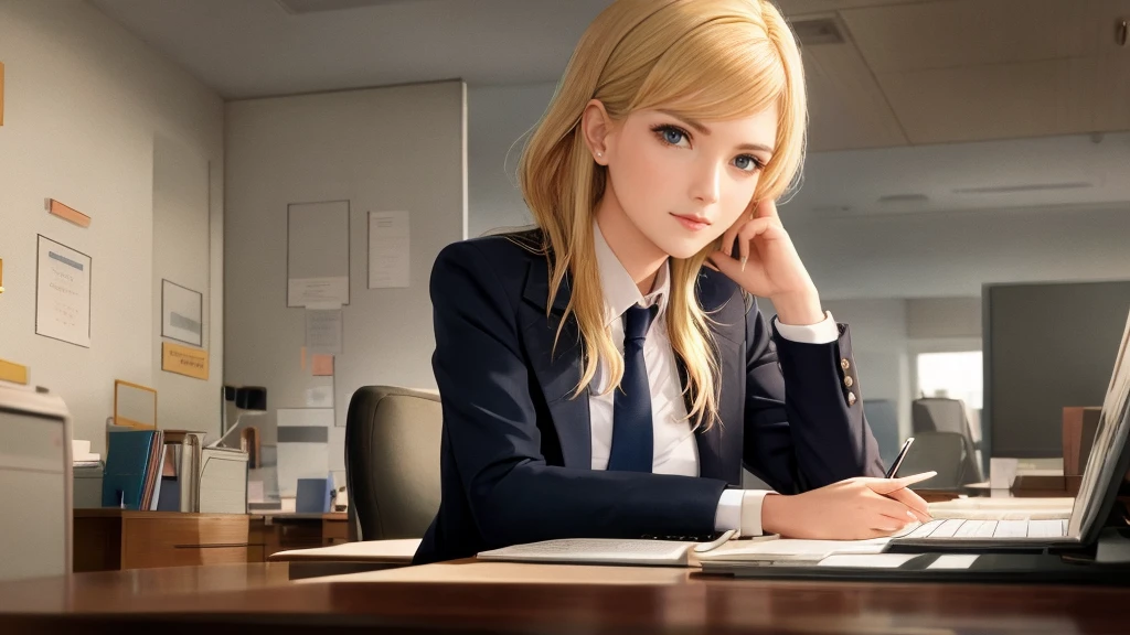 /draw blond woman sitting at desk talking on telephone with computer monitor, 1 9 8 0 s business fashion, business woman, 1 9 8 0 s woman, woman in business suit, young business woman, denis velleneuve, female in office dress, sat at her desk, female lawyer, wearing a strict business suit, serious business, working hard, portrait of kim wexler