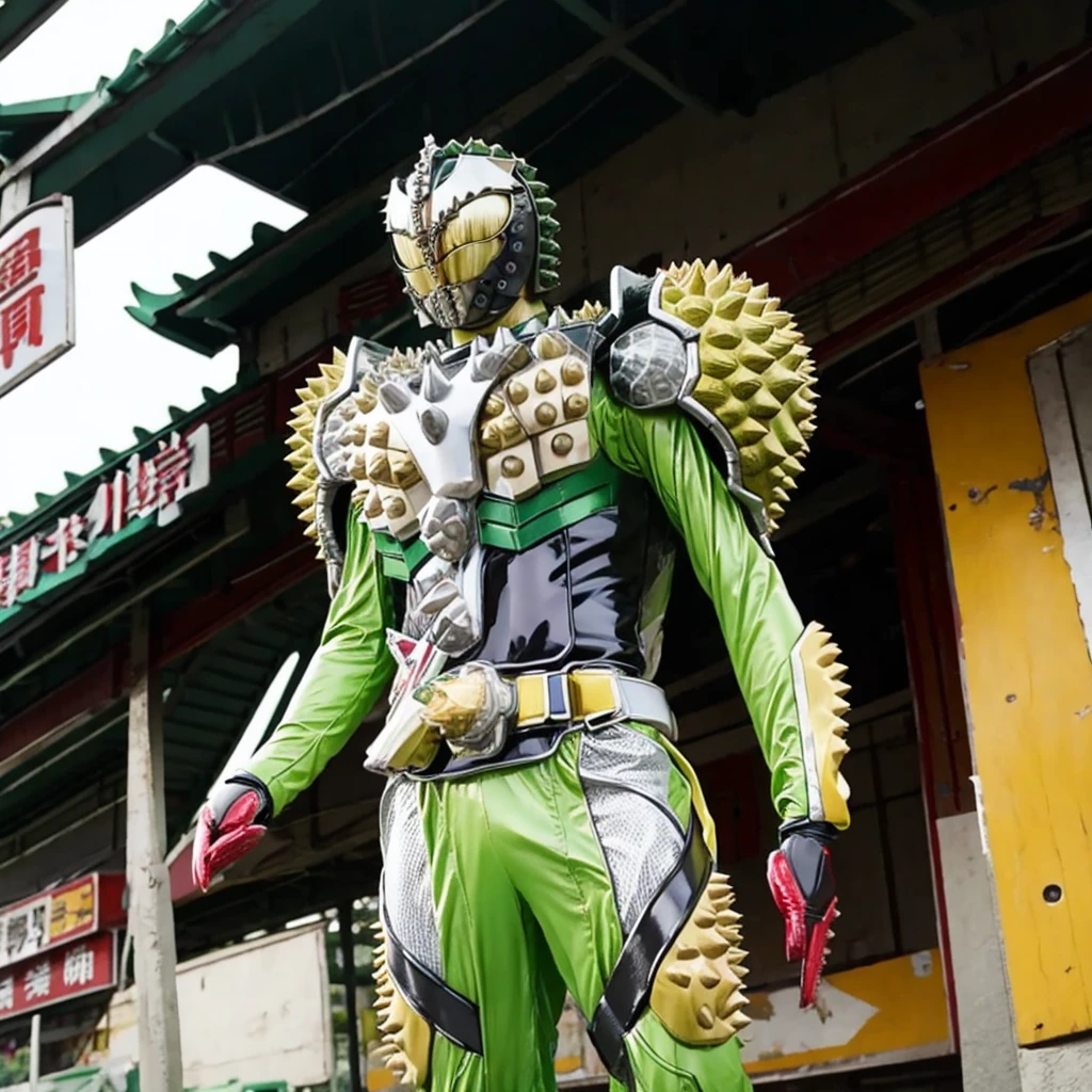 Kamen rider. Street bikes outfit. Kamen rider concept . ((Holding a durian)) At Chinese market . Sell a bunch lot of durian fruit.. kamen rider sell a durian. Open stall durian. Sell a durian fruit.