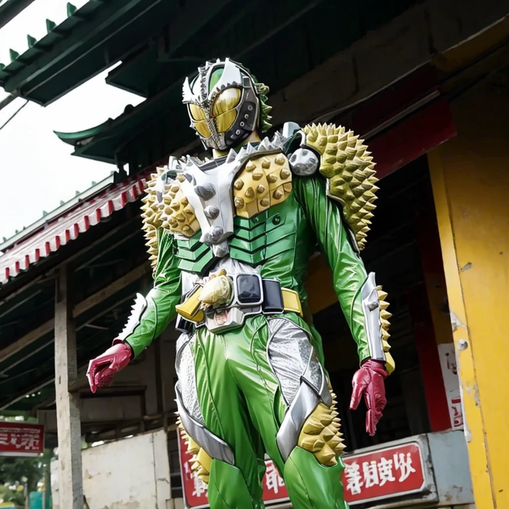 Kamen rider. Street bikes outfit. Kamen rider concept . ((Holding a durian)) At Chinese market . Sell a bunch lot of durian fruit.. kamen rider sell a durian. Open stall durian. Sell a durian fruit.