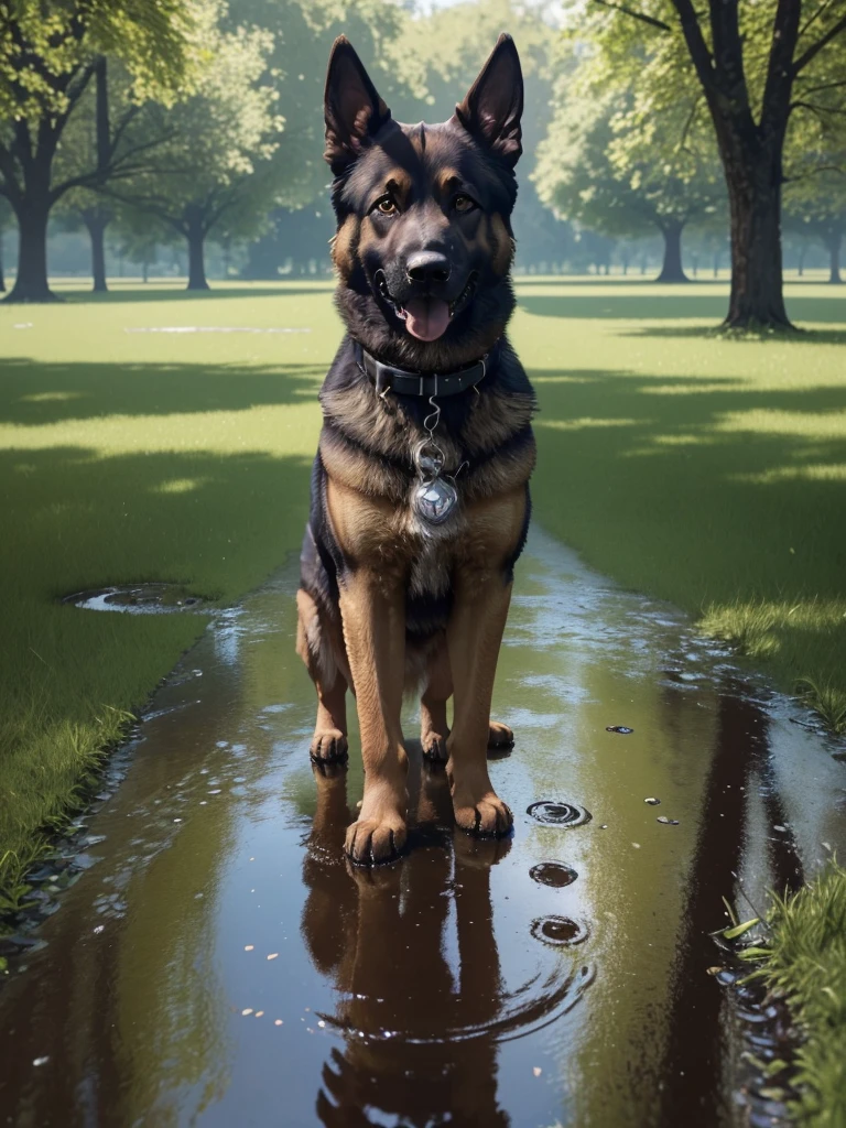German Shepherd in a park, playing in a puddle, detailreiches Fell (best quality,4K,8K,highres,masterpiece:1.2),Ultra-detail,(realisti,photorealisti,photo-realisti:1.37), Film compositions,depth of field,Professional 3D rendering