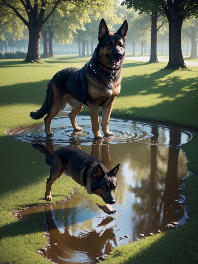 German Shepherd in a park, playing in a puddle, detailreiches Fell (best quality,4K,8K,highres,masterpiece:1.2),Ultra-detail,(realisti,photorealisti,photo-realisti:1.37), Film compositions,depth of field,Professional 3D rendering