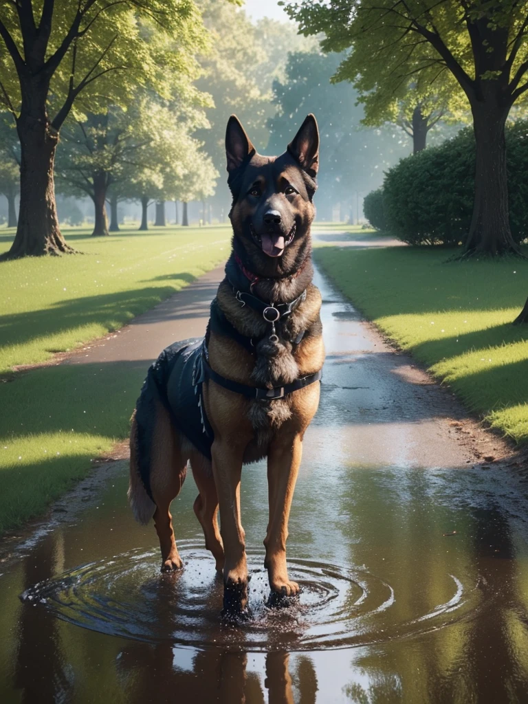 German Shepherd in a park, playing in a puddle, detailreiches Fell (best quality,4K,8K,highres,masterpiece:1.2),Ultra-detail,(realisti,photorealisti,photo-realisti:1.37), Film compositions,depth of field,Professional 3D rendering