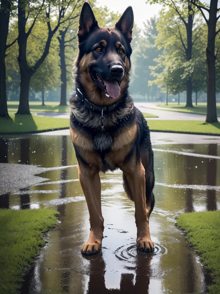 German Shepherd in a park, playing in a puddle, detailreiches Fell (best quality,4K,8K,highres,​masterpiece:1.2),Ultra-detail,(realisti,photorealisti,photo-realisti:1.37),  Film compositions,depth of field,Professional 3D rendering