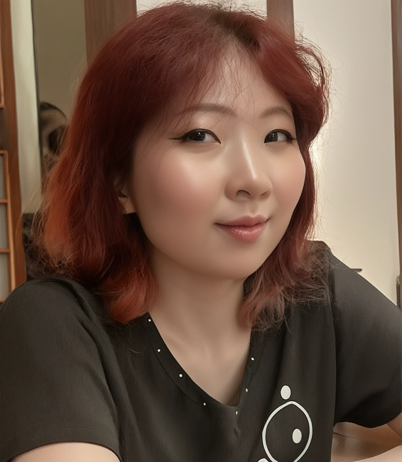 An oriental woman, japanese, Red hair, black tee, subtle smile, portraite, high qualiy, 8K, Realistic Anime,
