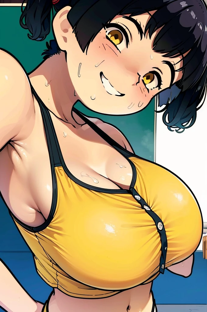 Sasaki Kanna who plays gesugao, Yellow Tank Top, underboob, Sweat, Black hair twin tails, Big Breasts, Smile, Naughty smile, A foolish smile, Drooling, Sweaty big tits, Sweat dripping from the lower breast, A triumphant smile, Guess face, Looking down on me, , Eyes Wide Open