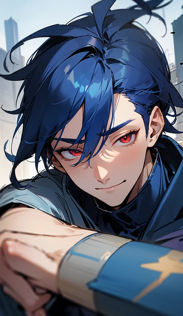 Super detailed,Haig quality,sketch,1 boy,Mature Men,Beautiful Face,(Dark blue hair,External hair:1.1),Handsome,Pearl Skin,Cyberpunk Hoodie、Indigo blue distressed jeans,Dynamic Angle,Japan anime　Red eyes,smile、Sleepy expression,city,20-year-old male