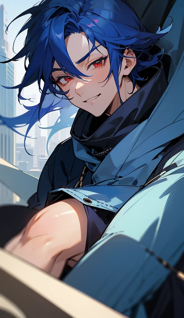 Super detailed,Haig quality,sketch,1 boy,Mature Men,Beautiful Face,(Dark blue hair,External hair:1.1),Handsome,Pearl Skin,Cyberpunk Hoodie、Indigo blue distressed jeans,Dynamic Angle,Japan anime Red eyes,smile、Sleepy expression,city,20-year-old male
