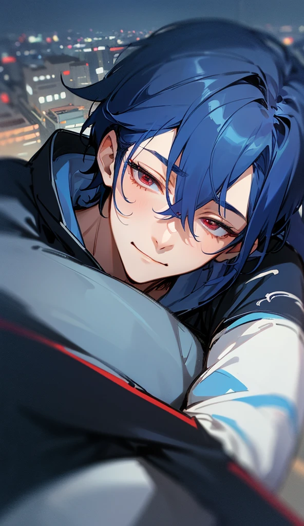 Super detailed,Haig quality,sketch,1 boy,Mature Men,Beautiful Face,(Dark blue hair,External hair:1.1),Handsome,Pearl Skin,Cyberpunk Hoodie、Indigo blue distressed jeans,Dynamic Angle,Japan anime Red eyes,smile、Sleepy expression,city,20-year-old male