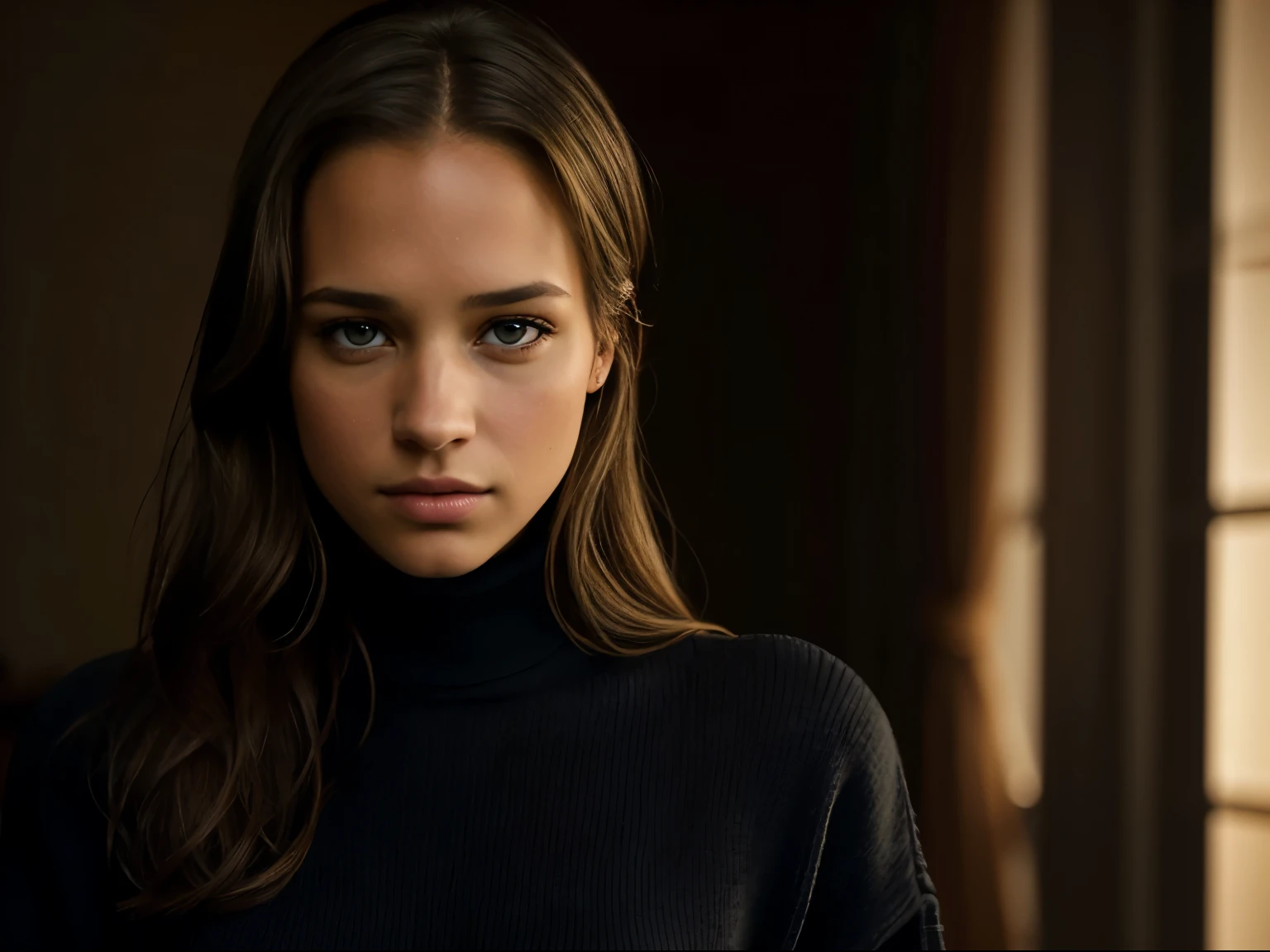 Foto hiperrealista en primer plano de Alicia Vikander, masterpiece, best quality, (photorealistic:1.4), portrait photo, black turtleneck sweater, night in living room, during the night, dark night, during night, cinematic light, beautiful woman, skinny, medium breasts, straight dark blond hair, detailed face, photo taken from a distance, age 20 years old