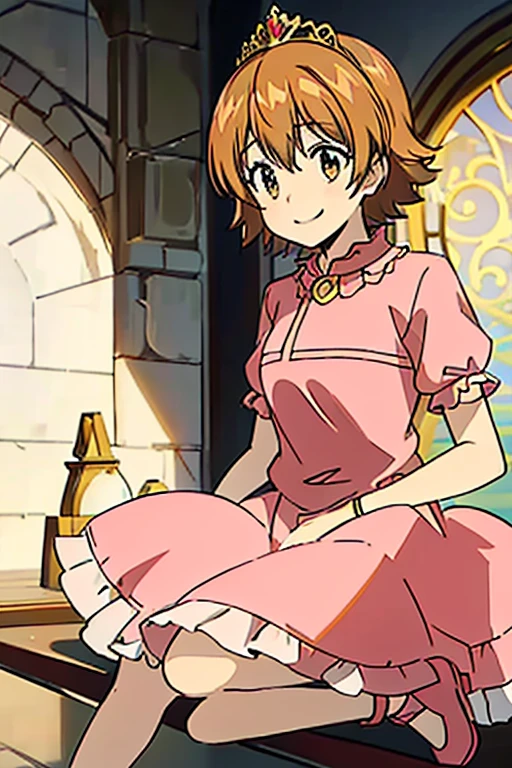 1girl, solo, princess, pink dress, palace, Castle, short sleeves, room, smiling, short hair, brown hair, gold eyes, Tiara, looking at the viewers, masterpiece, indoors, 8k, best quality, slong slevess dress, full body, curtsy, shoes,