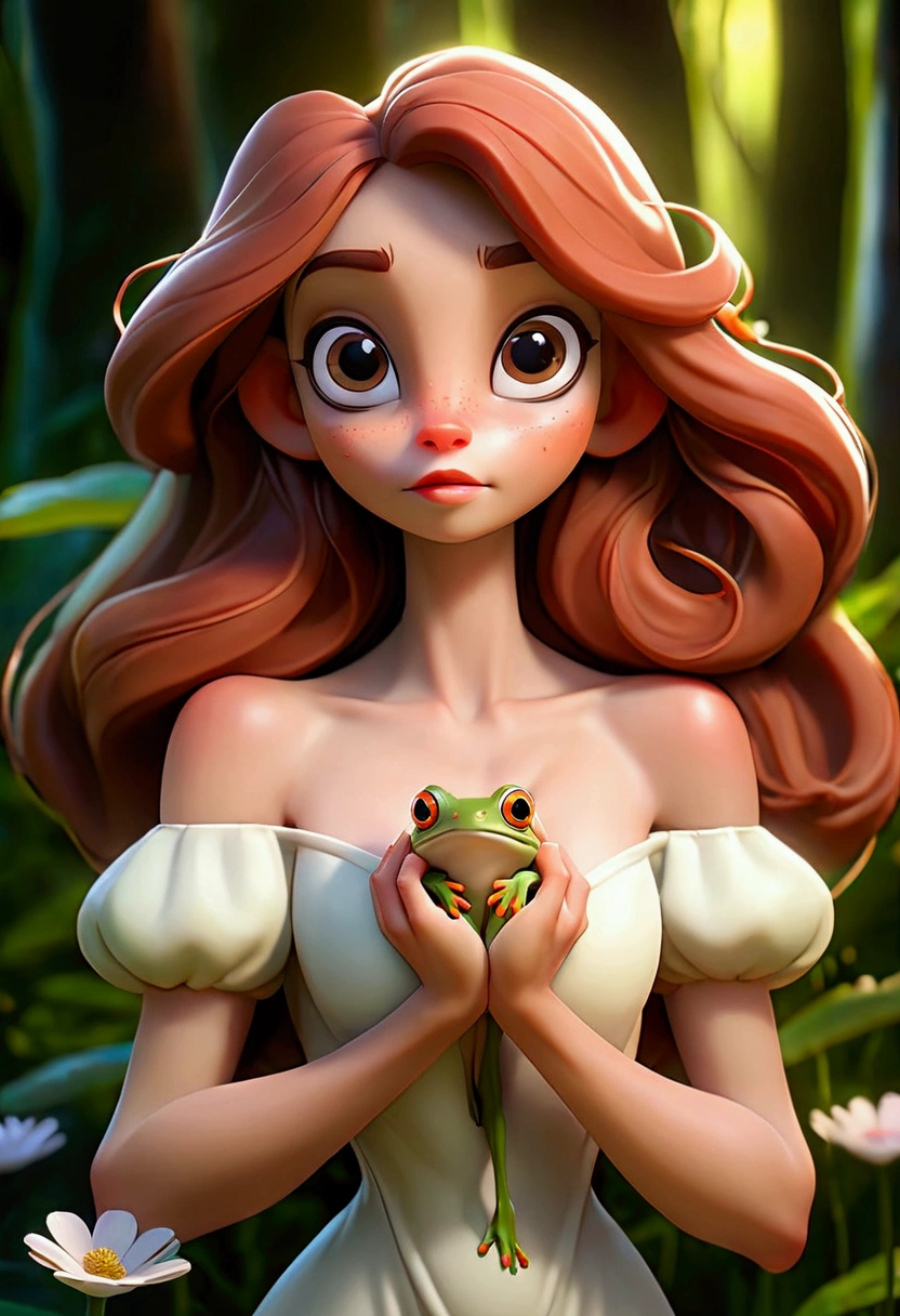A beautiful white woman stands in an enchanted setting, surrounded by a magical forest with tall trees and luminous flowers. She is naked without even a single piece of clothing,Has big breasts. Her wavy hair falls softly over her shoulders.. With a look of hope and tenderness, she delicately holds a frog in her hands and kisses it gently