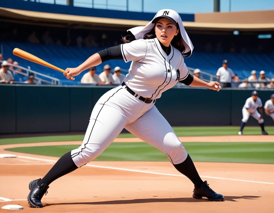 Arafed a sports capture picture of a nun playing baseball, an exquisite beautiful nun, full body, middle aged woman, curvy woman,  dynamic hair, dynamic style,  ultra detailed face, concentrated look, determined look, best detailed face, wearing ((nun clothes: 1.3)), standing ready in a baseball match, baseball stadium nackground, full body (best details, Masterpiece, best quality), ultra wide shot, photorealistic,  vibrant, Ultra-high resolution, High Contrast, (masterpiece:1.5), highest quality, Best aesthetics), best details, best quality, highres, ultra wide angle, 16k, [ultra detailed], masterpiece, best quality, (extremely detailed),