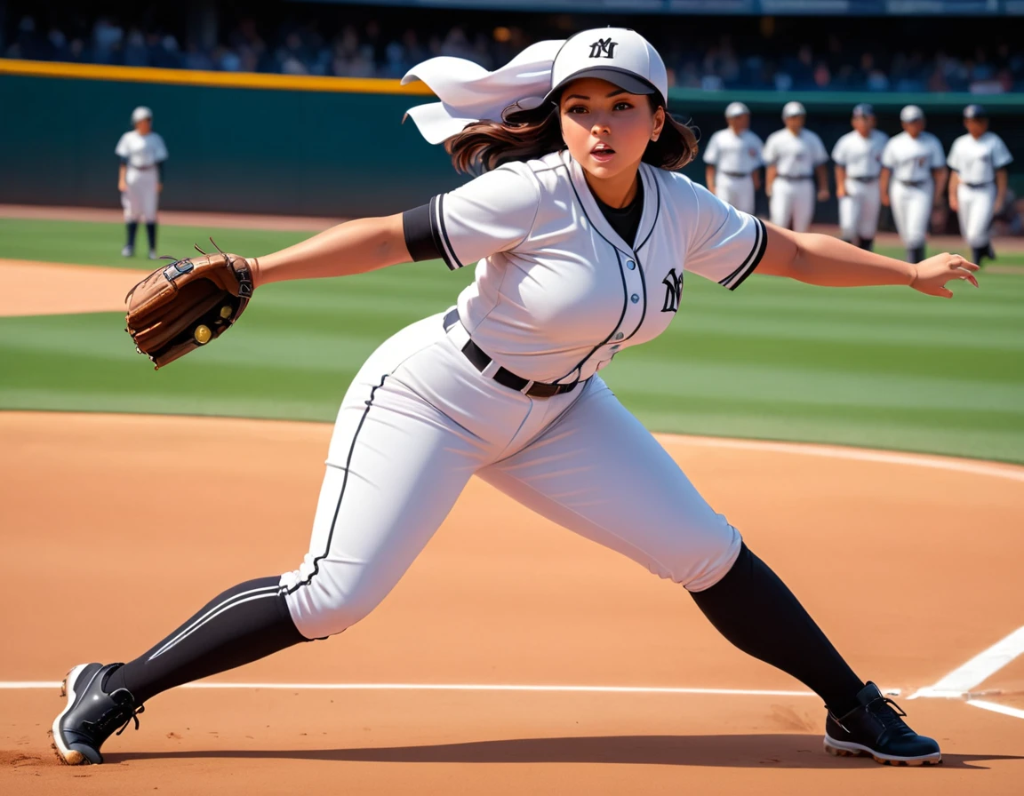 Arafed a sports capture picture of a nun playing baseball, an exquisite beautiful nun, full body, middle aged woman, curvy woman,  dynamic hair, dynamic style,  ultra detailed face, concentrated look, determined look, best detailed face, wearing ((nun clothes: 1.3)), standing ready in a baseball match, baseball stadium nackground, full body (best details, Masterpiece, best quality), ultra wide shot, photorealistic,  vibrant, Ultra-high resolution, High Contrast, (masterpiece:1.5), highest quality, Best aesthetics), best details, best quality, highres, ultra wide angle, 16k, [ultra detailed], masterpiece, best quality, (extremely detailed),
