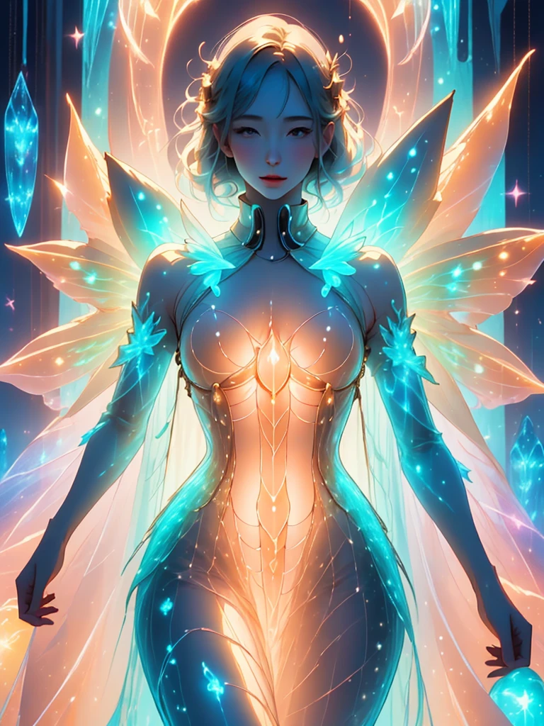 (masterpiece), realistic, cinematic light,Ultra detailed illustration of the silhouette of a woman, phantasmagorical figure, (((translucent skin:1.5))), (((translucent body:1.5))), art by Mschiffer, neon lights, light particles, colorful, cmyk colors, backlit,