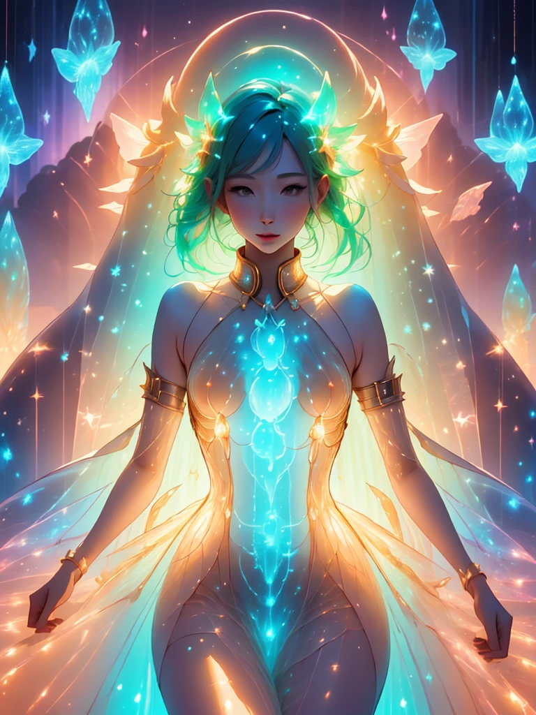 (masterpiece), realistic, cinematic light,Ultra detailed illustration of the silhouette of a woman, phantasmagorical figure, (((translucent skin:1.5))), (((translucent body:1.5))), art by Mschiffer, neon lights, light particles, colorful, cmyk colors, backlit,