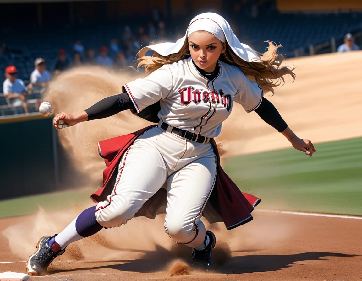 Arafed a sports capture picture of a nun playing baseball, an exquisite beautiful nun, full body, middle aged woman, curvy woman,  dynamic hair, dynamic style,  ultra detailed face, concentrated look, determined look, best detailed face, wearing ((nun clothes: 1.3)), standing ready in a baseball match, baseball stadium nackground, full body (best details, Masterpiece, best quality), ultra wide shot, photorealistic,  vibrant, Ultra-high resolution, High Contrast, (masterpiece:1.5), highest quality, Best aesthetics), best details, best quality, highres, ultra wide angle, 16k, [ultra detailed], masterpiece, best quality, (extremely detailed),
