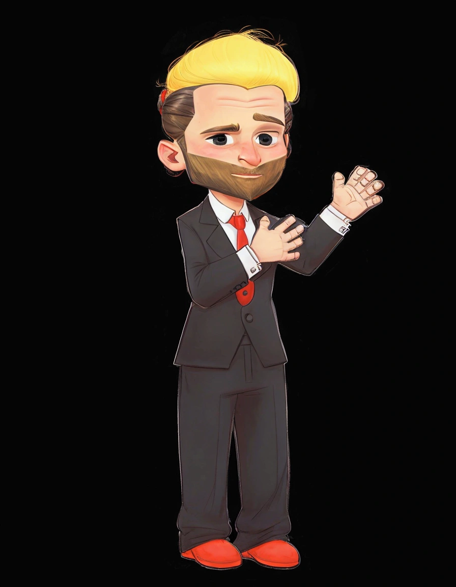 A man with a bushy beard, brunette hair but with a blonde topknot, wearing a black suit with a red tie, cartoon style - Renan Souzones 