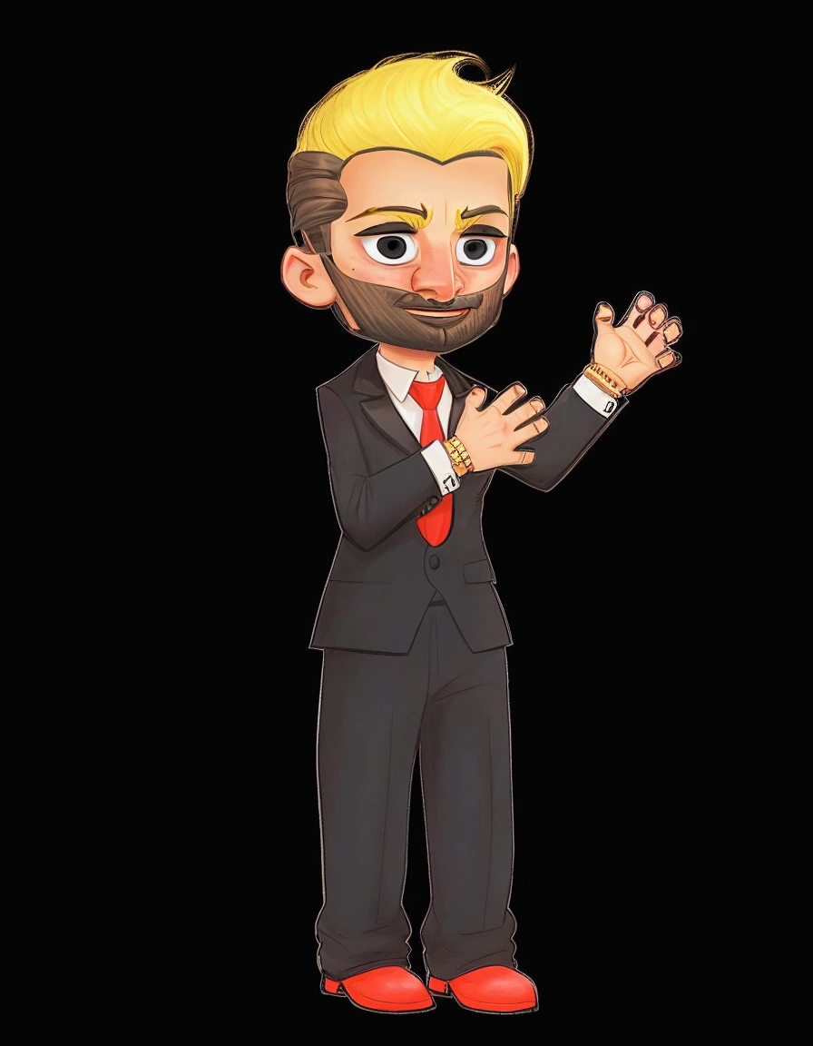 A man with a bushy beard, brunette hair but with a blonde topknot, wearing a black suit with a red tie, cartoon style - Renan Souzones 