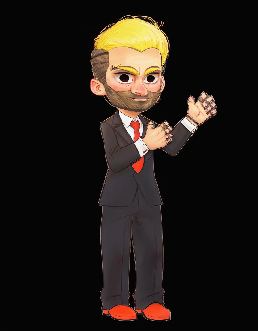 A man with a bushy beard, brunette hair but with a blonde topknot, wearing a black suit with a red tie, cartoon style - Renan Souzones 