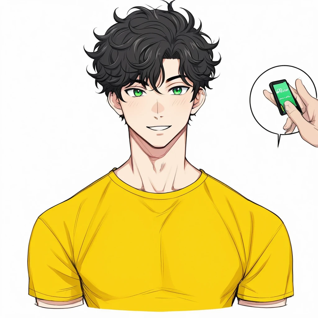 Boy1, Curly black hair, oversize yellow T-shirt, green eyes,