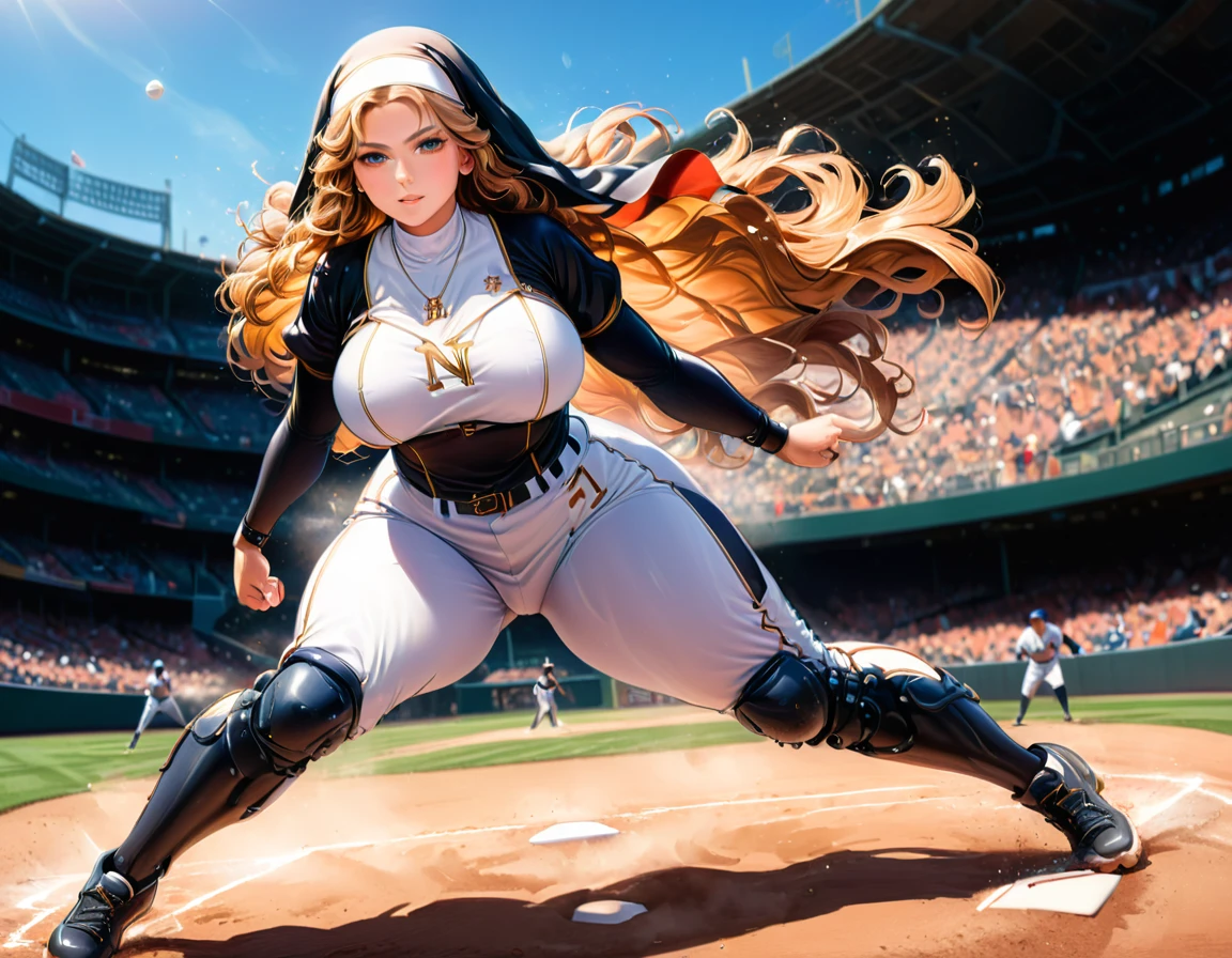 Arafed a sports capture picture of a nun playing baseball, an exquisite beautiful nun, full body, middle aged woman, curvy woman,  dynamic hair, dynamic style,  ultra detailed face, concentrated look, determined look, best detailed face, wearing ((nun clothes: 1.3)), standing ready in a baseball match, baseball stadium nackground, full body (best details, Masterpiece, best quality), ultra wide shot, photorealistic,  vibrant, Ultra-high resolution, High Contrast, (masterpiece:1.5), highest quality, Best aesthetics), best details, best quality, highres, ultra wide angle, 16k, [ultra detailed], masterpiece, best quality, (extremely detailed),