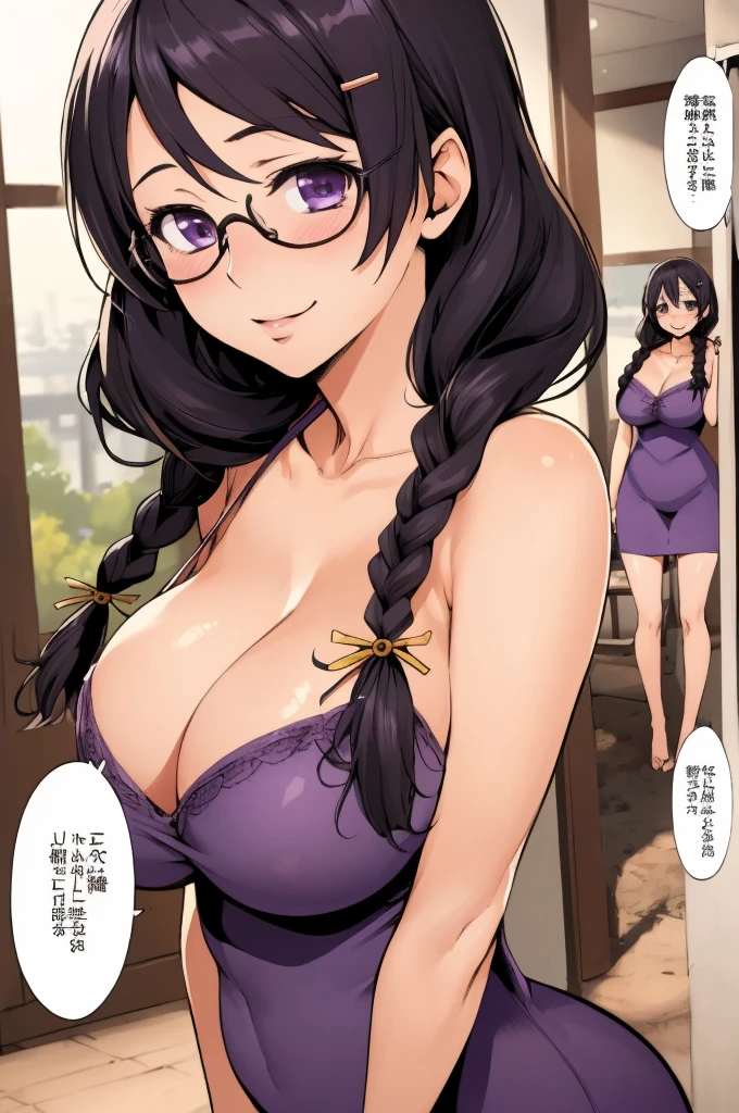 (best quality, masterpiece, RAW photo,ultra-detailed:1.2), 1girl,solo,looking at viewer,smile hanekawa tsubasa, long hair, black hair, hair ornament, (purple eyes:1.1), braid, hairclip, twin braids, glasses, very large breasts, big 