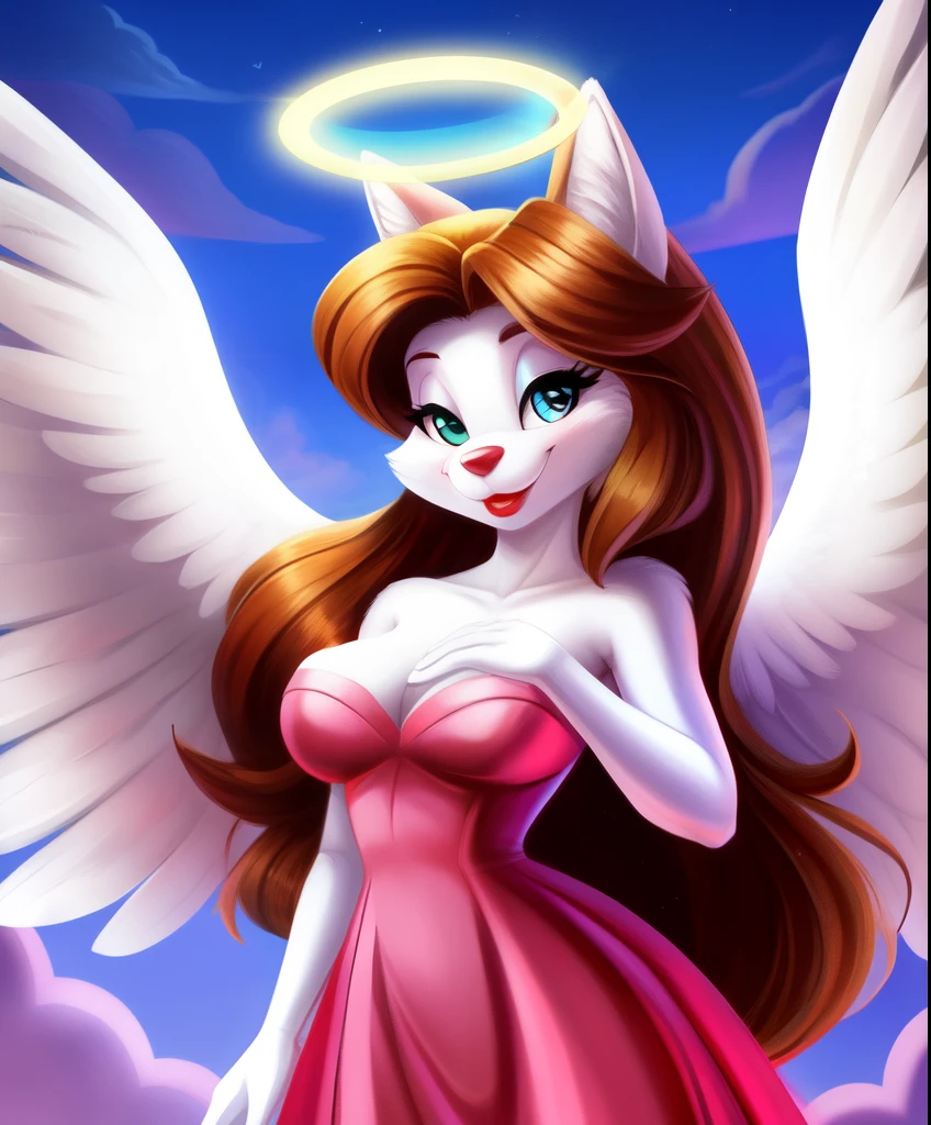 Female anthro husky as an guardian angel, long hair, halo, white soft feathered wings, red lipstick, white long gloves, red heart shaped strapless dress, rubbing her chest with her hands, looking at you, pink Heaven clouds in the background, tiny toons style