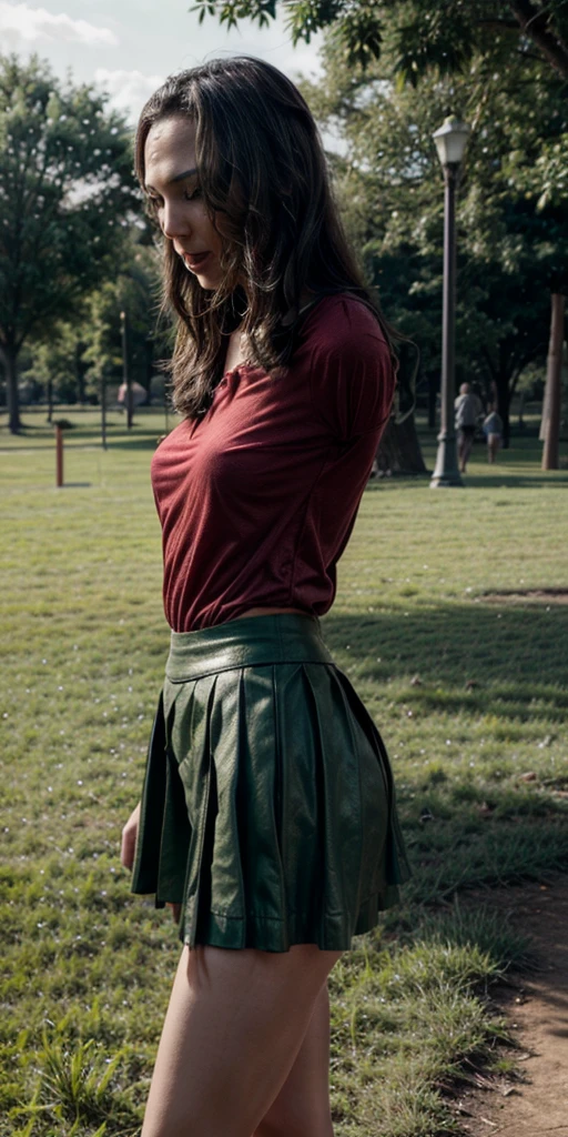 Gal Gadot, at the park, red shirt, green skirt