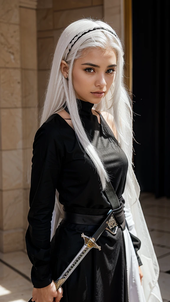 Algerian gril with white hair and black clothes sword