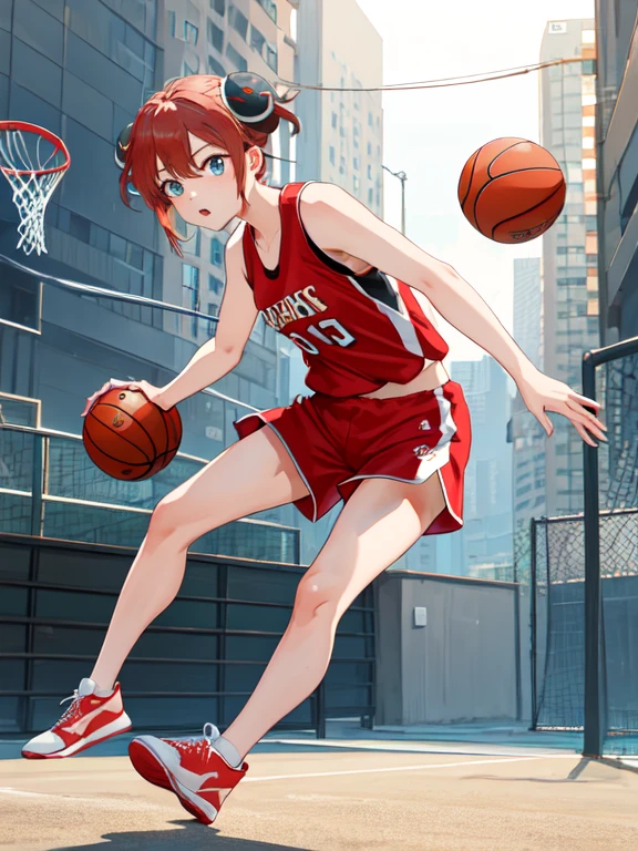 masterpiece, best quality, highres, kgr1, double bun, bun cover, small breasts, Basketball player, Sportswear, Red tank top, Red short, Sneakers, Basketball, Basketball hop, looking at the viewers,