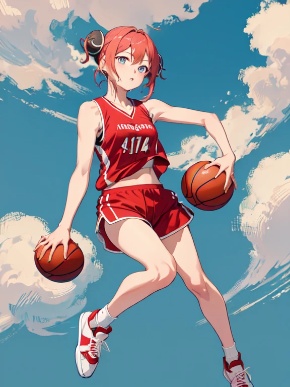 masterpiece, best quality, highres, kgr1, double bun, bun cover, small breasts, Basketball player, Sportswear, Red tank top, Red short, Sneakers, Basketball, Basketball hop, looking at the viewers, 
