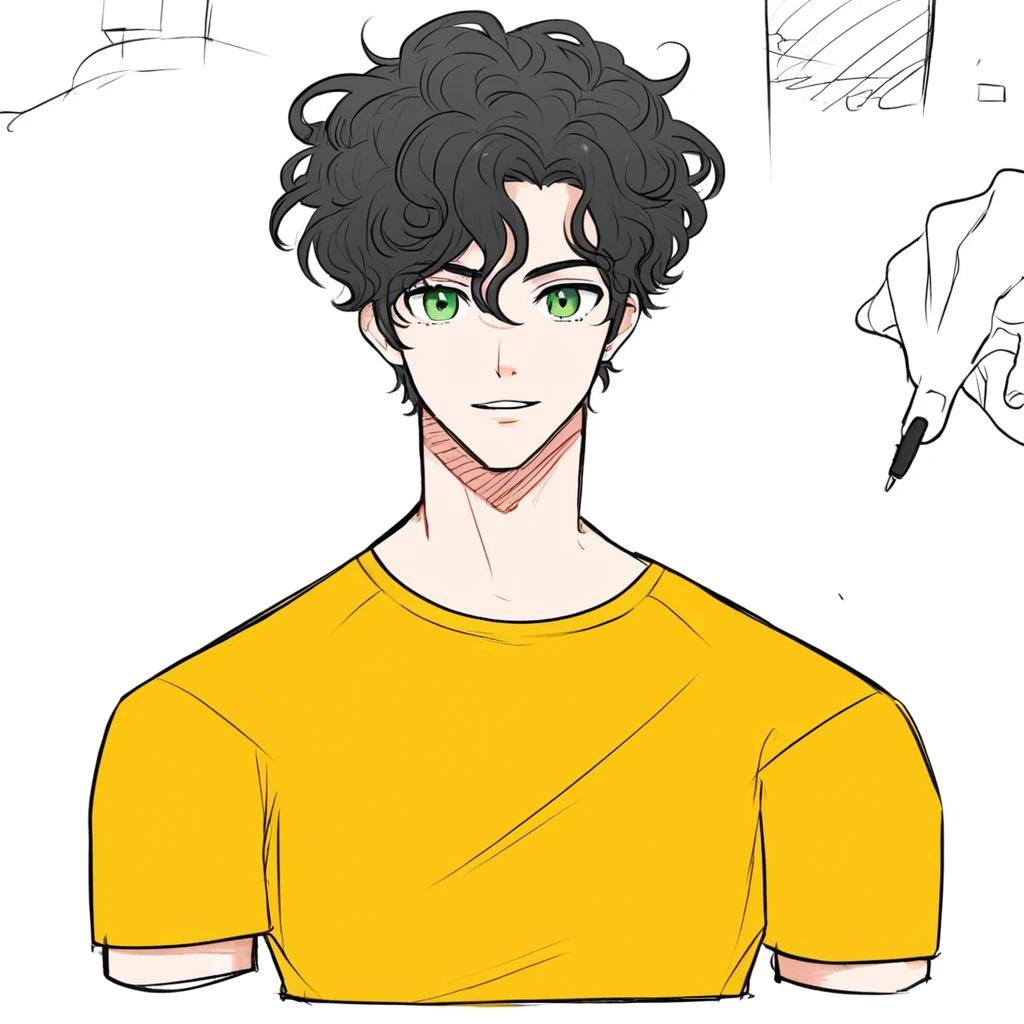 Boy1, Curly black hair, oversize yellow T-shirt, green eyes,
