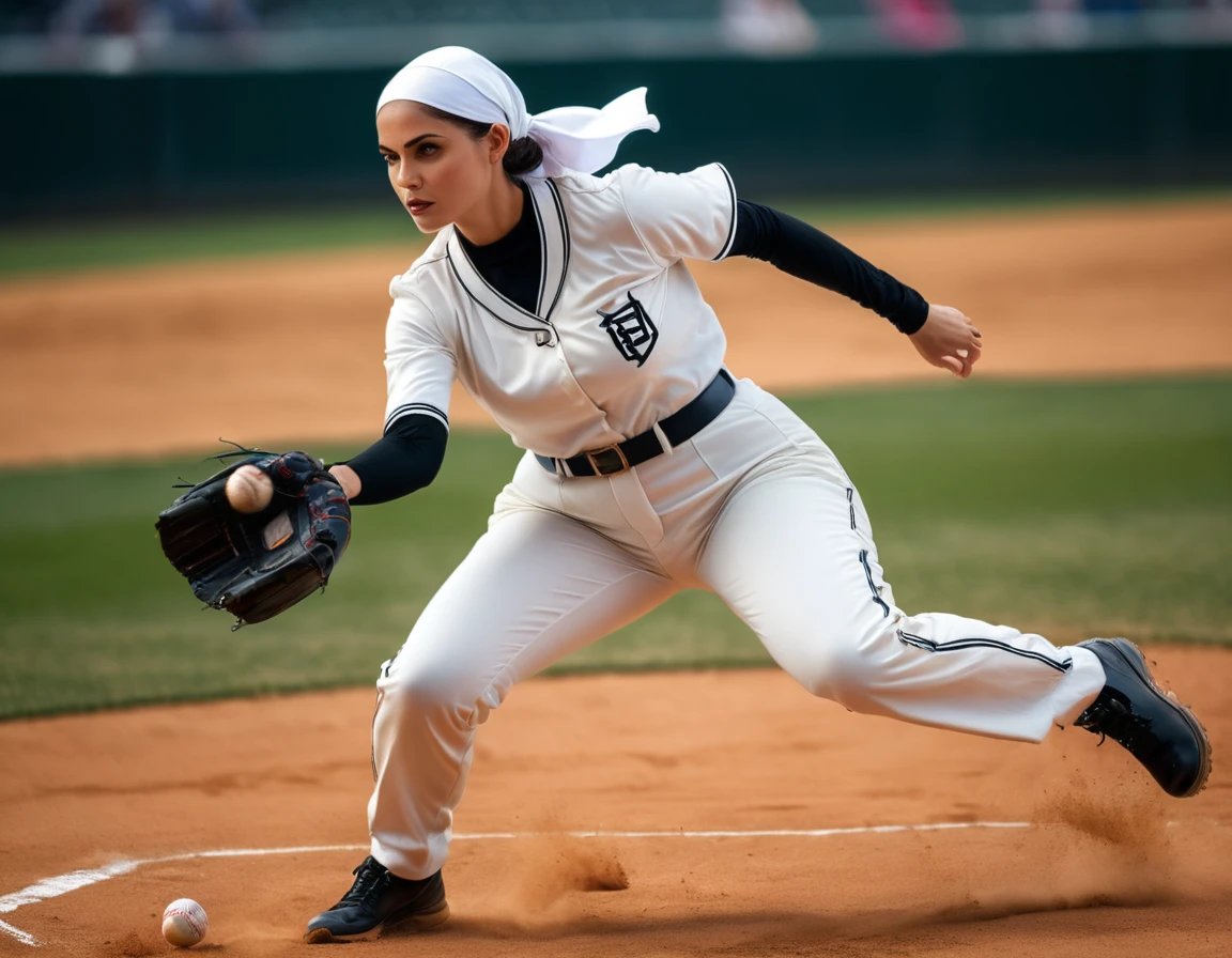 Arafed a sports capture picture of a nun playing baseball, an exquisite beautiful nun, full body, middle aged woman, curvy woman,  dynamic hair, dynamic style,  ultra detailed face, concentrated look, determined look, best detailed face, wearing ((nun clothes: 1.3)), standing ready in a baseball match, baseball stadium nackground, full body (best details, Masterpiece, best quality), ultra wide shot, photorealistic,  vibrant, Ultra-high resolution, High Contrast, (masterpiece:1.5), highest quality, Best aesthetics), best details, best quality, highres, ultra wide angle, 16k, [ultra detailed], masterpiece, best quality, (extremely detailed),