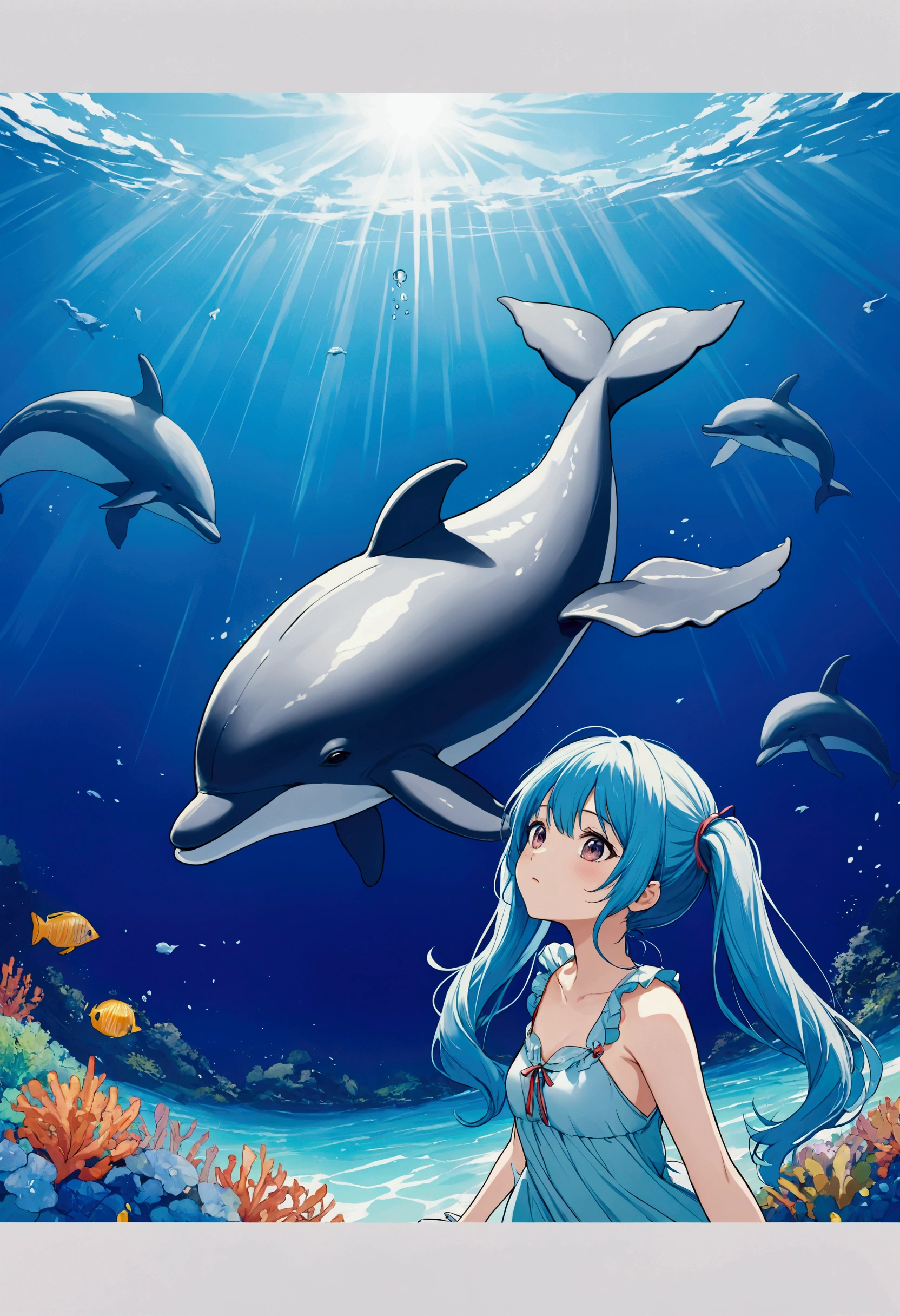 A picture of a dolphin swimming in a colorful sea, Look up the composition,Light blue long hair、Beautiful girl with twin tails、Whale in the Sky, Cyril Rollandに触発されて, Dreamy psychedelic anime, Colorful anime movie background, Beautiful artwork illustration, author:Shimo, Colorful concept art, Cyril Rolland, Cyril Rolland風, Flying Whale, Highly detailed watercolor 8K, Very detailedな水彩画 8K,Octane,Are you okay,Realistic,8K,style of makoto shinkai( Streamlined Design, Clear lines, High Sharpness,Highest quality, Very detailed, masterpiece, Cinematic lighting effects, 4K )