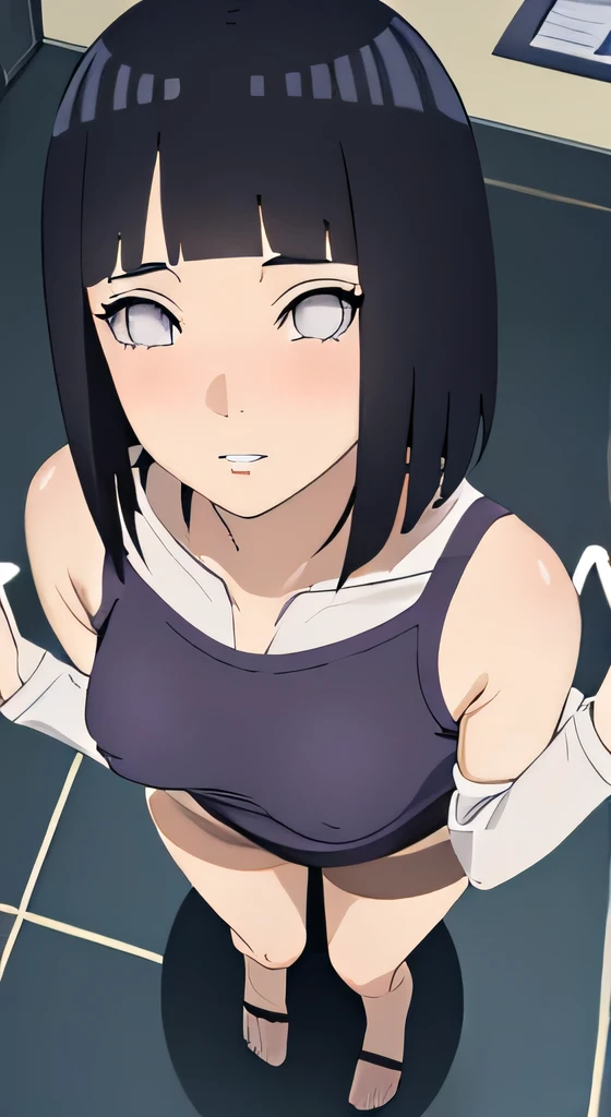 Mature hinata hýuga medium breasts, thin legs, dark hair , illuminated, blushing looking up, taking a selfie, boy next to girl, ((Aerial view))