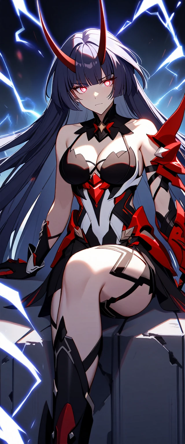 1girl, Raiden Mei \(Herrscher of Thunder), Honkai Impact 3rd, horns, electricity, glowing eyes, sit pupils