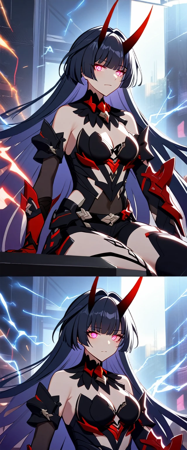 1girl, Raiden Mei \(Herrscher of Thunder), Honkai Impact 3rd, horns, electricity, glowing eyes, sit pupils