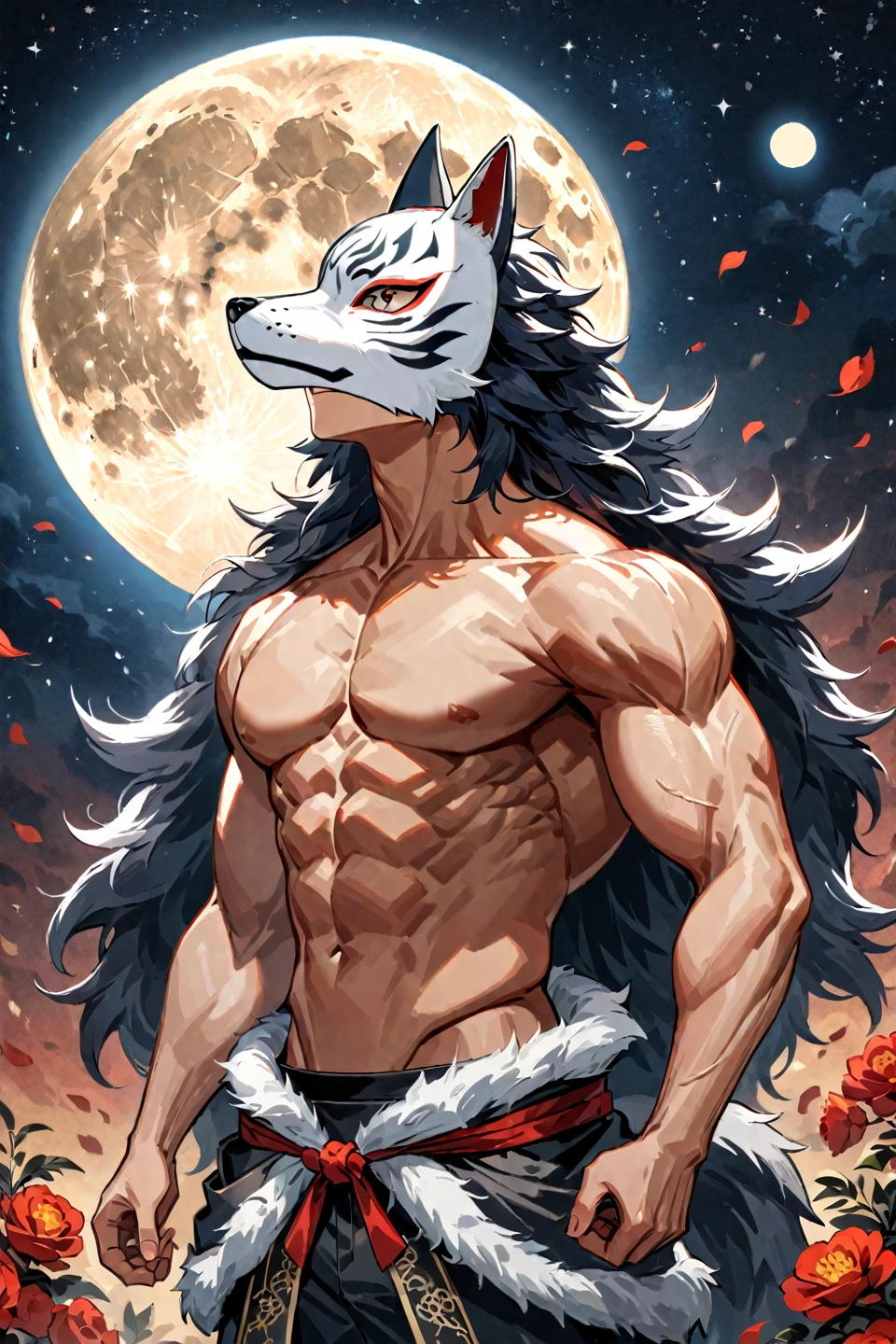 young man wearing a luxurious mysterious wolf mask, high resolution picture, The entire picture is red, with a beautiful moon background. The young man has muscles without a shirt --seed 779186, ((medium quality)), ((medium quality))