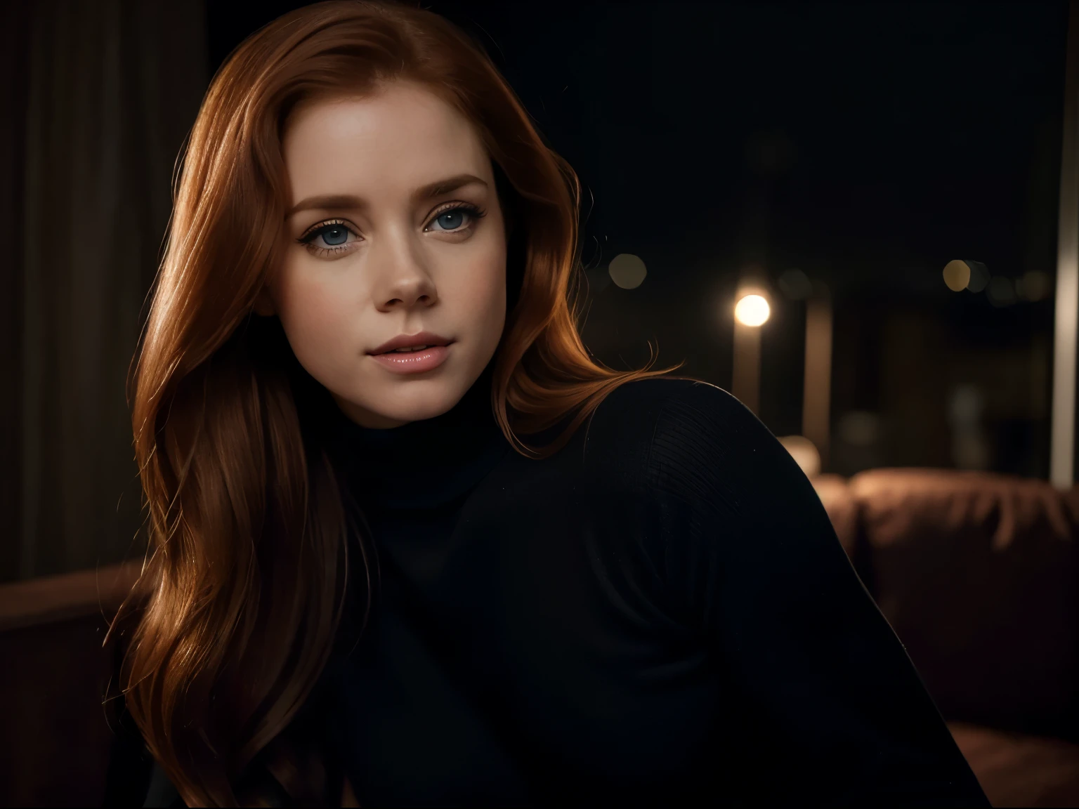 Foto hiperrealista en primer plano de Amy Adams, masterpiece, best quality, (photorealistic:1.4), portrait photo, black turtleneck sweater, night in living room, during the night, dark night, during night, cinematic light, beautiful woman, skinny, medium breasts, straight ginger hair, detailed face, photo taken from a distance, age 20 years old