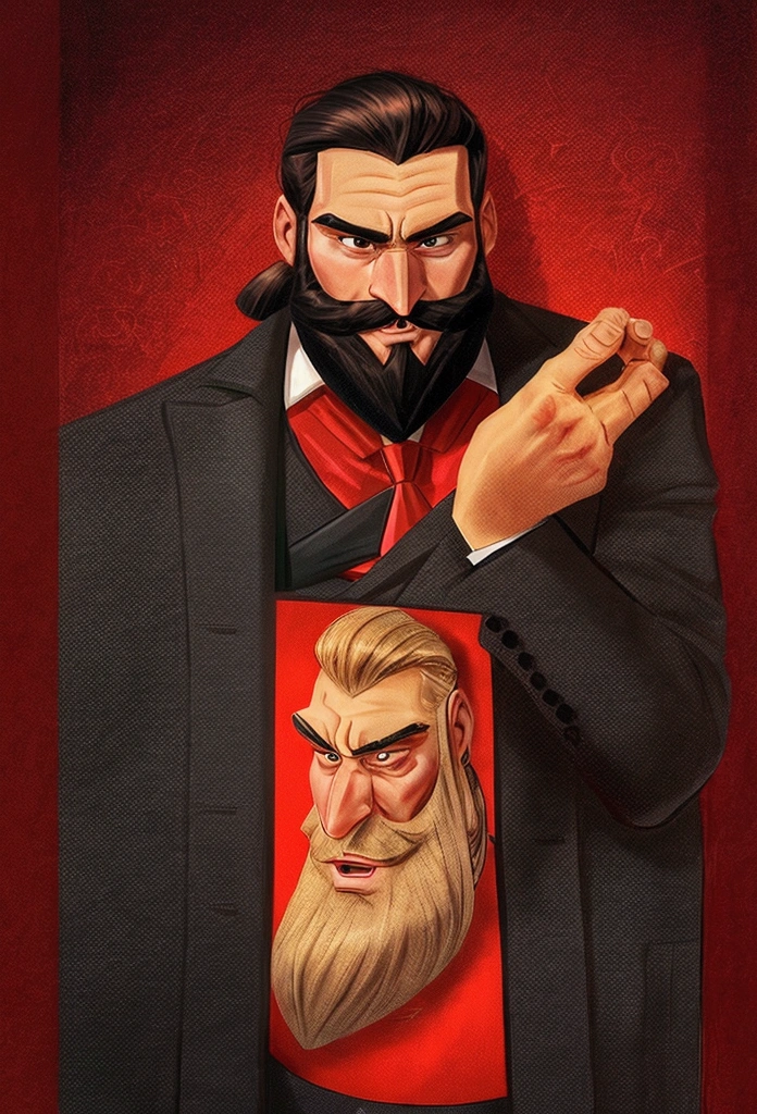 A man with a bushy beard, brunette hair but with a blonde topknot, wearing a black suit with a red tie, cartoon style - Renan Souzones 