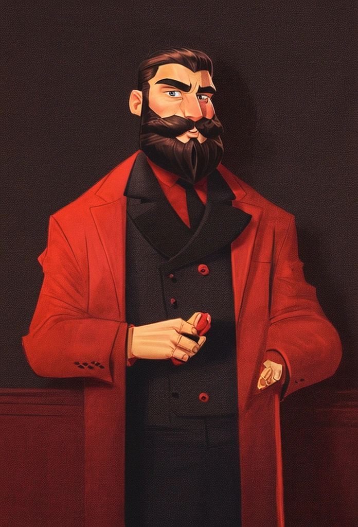 A man with a bushy beard, brunette hair but with a blonde topknot, wearing a black suit with a red tie, cartoon style - Renan Souzones 