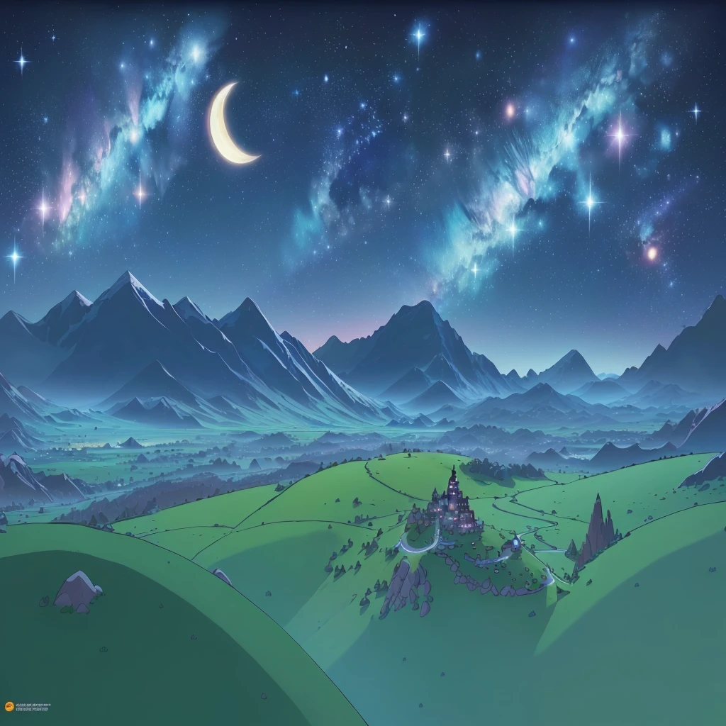 cartoon of a mountain landscape with a star filled sky and a crescent, moonlit starry sky environment, on an alien grassland, endless cosmos in the background, amazing background, galactic landscape, nightime village background, from rick and morty, high quality desktop wallpaper, steven universe, cosmos backdrop, background artwork, animated episode still, distant village background, cosmic landscape