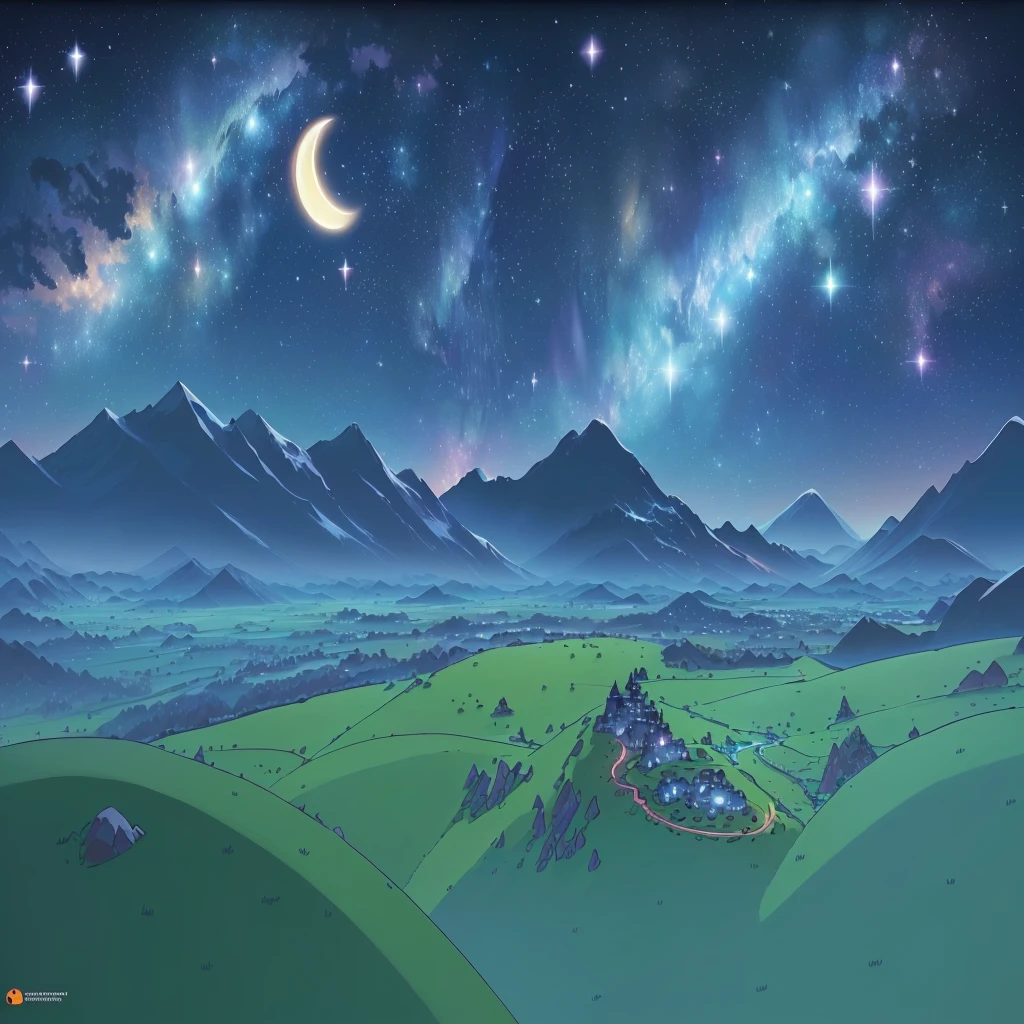 cartoon of a mountain landscape with a star filled sky and a crescent, moonlit starry sky environment, on an alien grassland, endless cosmos in the background, amazing background, galactic landscape, nightime village background, from rick and morty, high quality desktop wallpaper, steven universe, cosmos backdrop, background artwork, animated episode still, distant village background, cosmic landscape